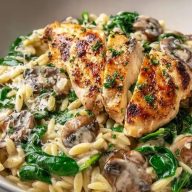 One Pan Creamy Spinach Mushroom Orzo with Chicken