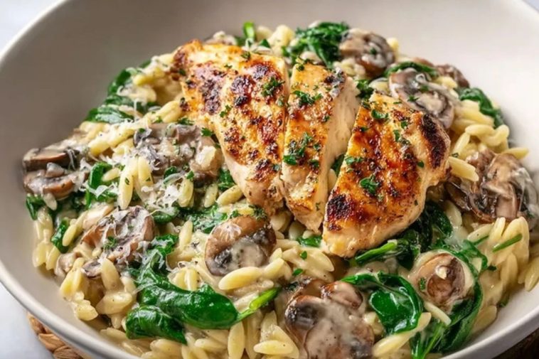 One Pan Creamy Spinach Mushroom Orzo with Chicken