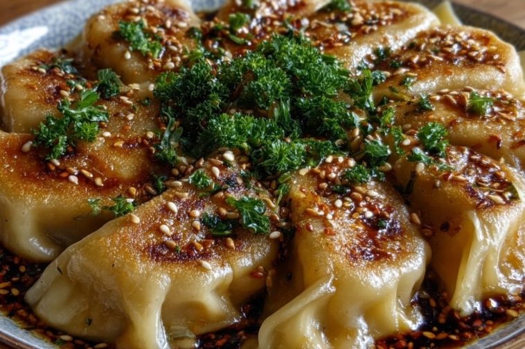 Oven-Baked Dumplings with Peanut Sauce
