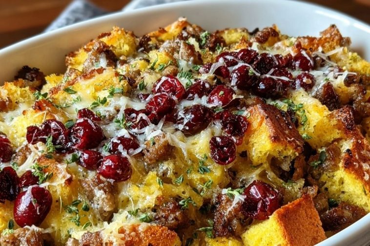 Cranberry Sausage & Stuffing Breakfast Casserole