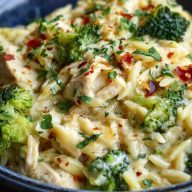 Creamy Cheesy Chicken Broccoli Orzo Bake