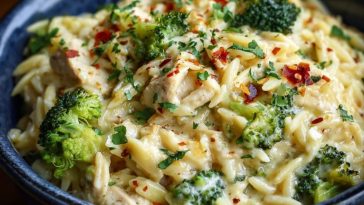 Creamy Cheesy Chicken Broccoli Orzo Bake