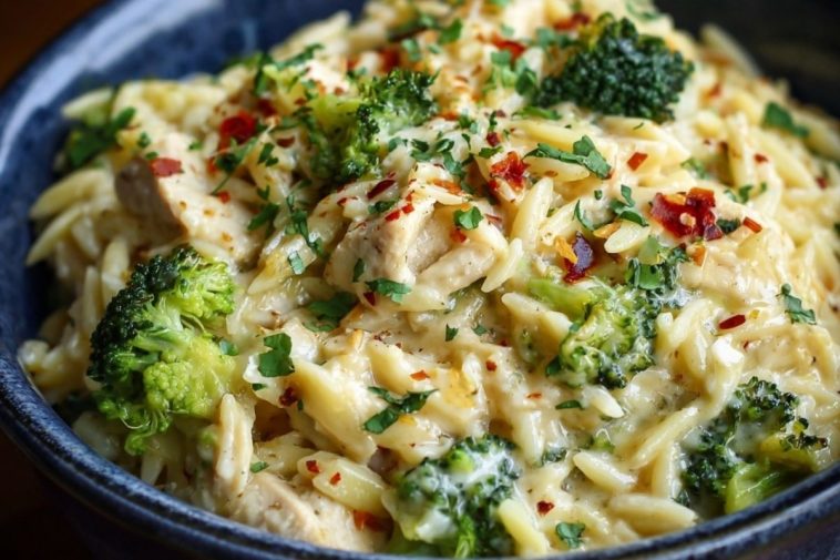 Creamy Cheesy Chicken Broccoli Orzo Bake