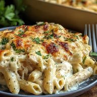 Creamy Chicken Alfredo Bake with Mozzarella Crust