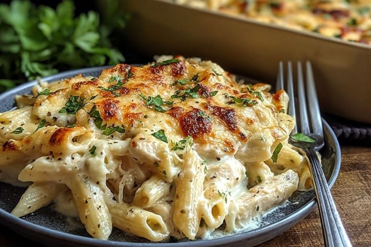 Creamy Chicken Alfredo Bake with Mozzarella Crust
